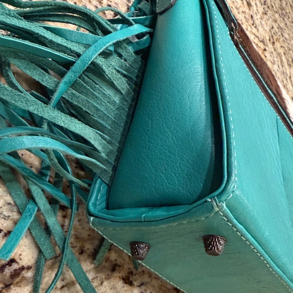 NWT  Teal Leather Fringe Cowhide Crossbody Bag with Turquoise Accent - Picture 11 of 14